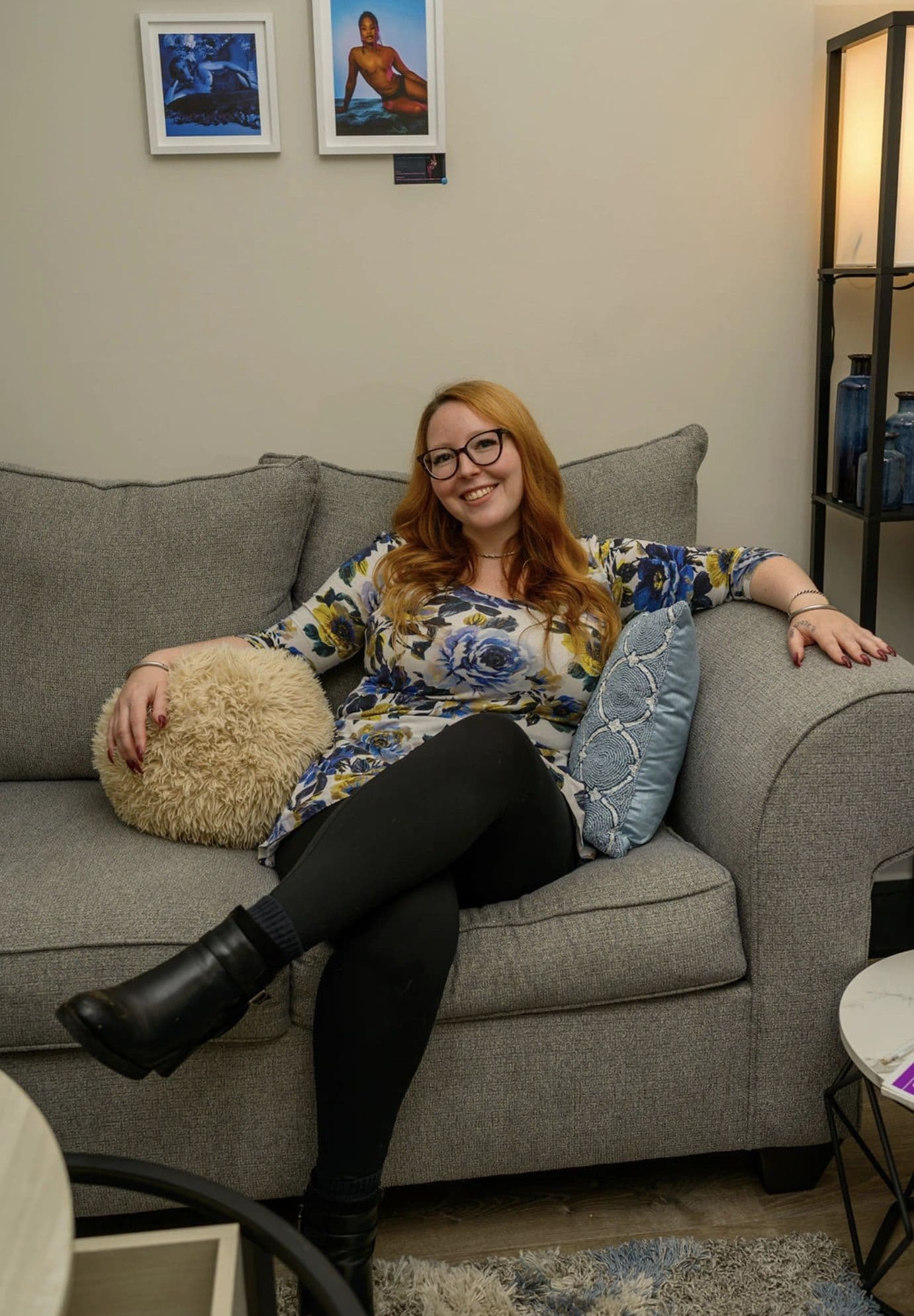 Gabbie Wynschenk, LMFT, smiling while seated on a couch